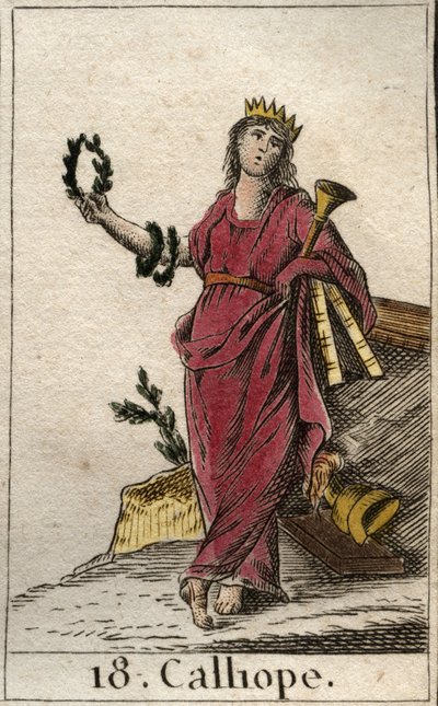 Representation of Calliope, muse of epic poetry, she holds in her hand a crown and the trumpet of the epic. From “Mythology of Youth” by Pierre Blanchard 1803 by French School