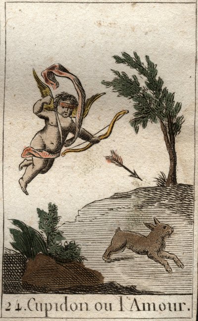 Representation of Cupid, or Amour, servant of Venus, as a child blindfolded, drawing an arrow. From “Mythology of Youth” by Pierre Blanchard 1803 by French School