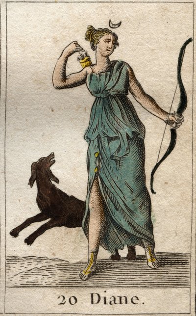 Representation of Diana, goddess of the hunt, she holds a bow and arrows. From “Mythology of Youth” by Pierre Blanchard 1803 by French School