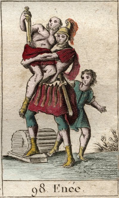 Representation of Aeneas during the escape from Troy taken by the Greeks, carrying his father Anchises on his shoulders, followed by his son Ascanius as a child. by French School