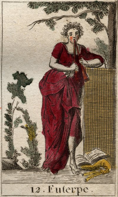 Representation of Euterpe, Muse of Music, Surrounded by Music Books and Playing Double Flute (Aulos). From 