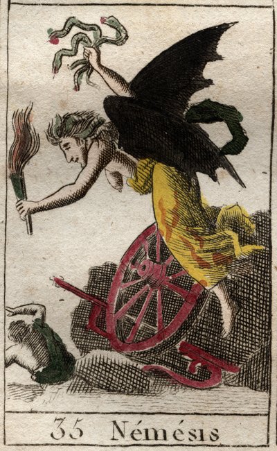 Nemesis, goddess of revenge, represented as a winged woman, holding a torch and snakes, with a wheel and rudder indicating that she pursued her victims by sea and land. From 