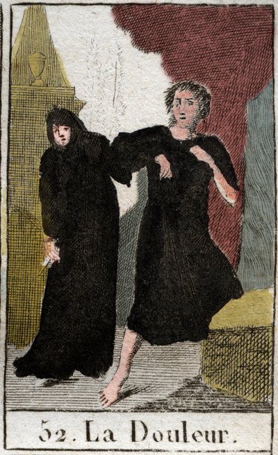 Representation of Pain, personified as a woman dressed in black moving in the darkness, armed with a dagger. From “Mythology of Youth” by Pierre Blanchard 1803. by French School