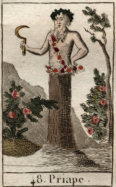 Representation of Priapus, god of libertinage and fertility, often represented with a giant erect penis, holding a sickle. From “Mythology of Youth” by Pierre Blanchard 1803. by French School