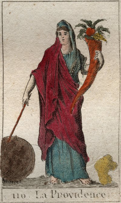 Representation of Providence, as an old woman, holding a cornucopia, a stick and a globe. From 