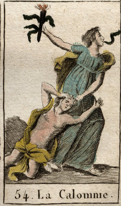 Representation of Slander, dragging her mother Envy by her hair, with a snake coming out of her mouth. From “Mythology of Youth” by Pierre Blanchard 1803. by French School