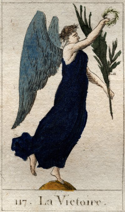 Representation of Victory, winged woman holding an olive branch and a wreath of laurels. From 