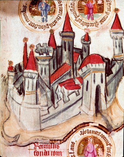 Representation of a fortified town in the Strasbourg region. Miniature on scroll of parchment Genealogy of the Bible (ms.199) 14th century Cremone, Biblioteca Governativa by French School