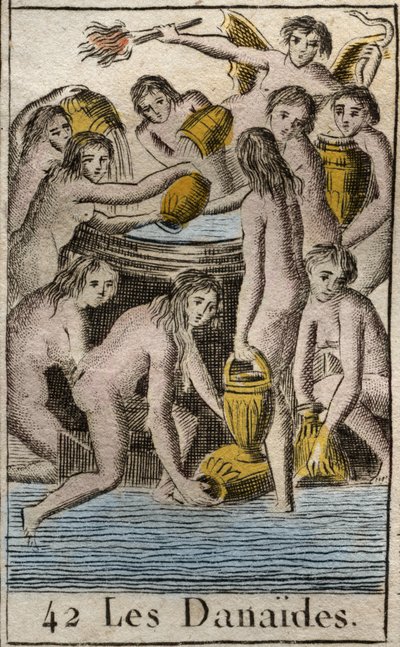 Representation of the Danaides, daughters of King Danaos, condemned to the Underworld, endlessly filling a bottomless barrel, for killing their cousins and husbands. From “Mythology of Youth” by Pierre Blanchard 1803 by French School