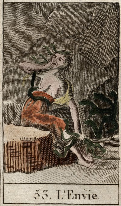 Representation of Envy, embodied by an old woman holding snakes while another woman eats her breast. From “Mythology of Youth” by Pierre Blanchard 1803. by French School