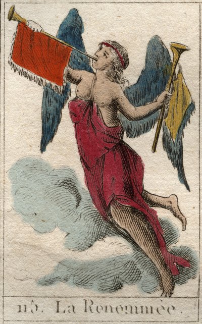 Representation of Pheme, goddess of Fame, a winged woman, playing trumpets. From 