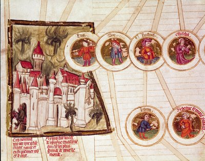 Representation of the City of Nimrud and the Genealogy of the Family of Laban and Rebecca. Page from 