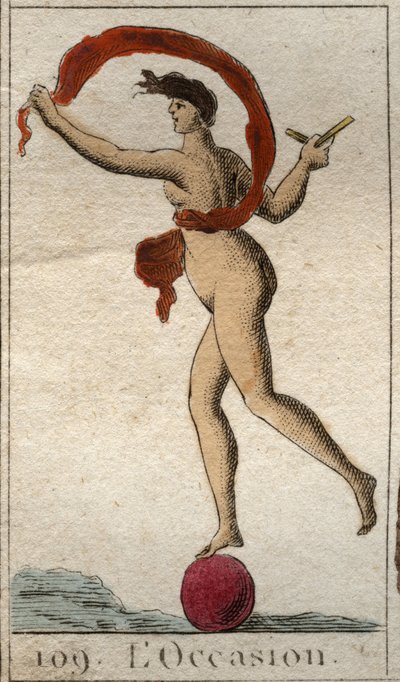 Representation of the Deity of the Occasion, a Bald Young Woman, with a Clump of Hair to Grasp Her, She Leaks on a Wheel, She Holds a Razor and a Veil by French School