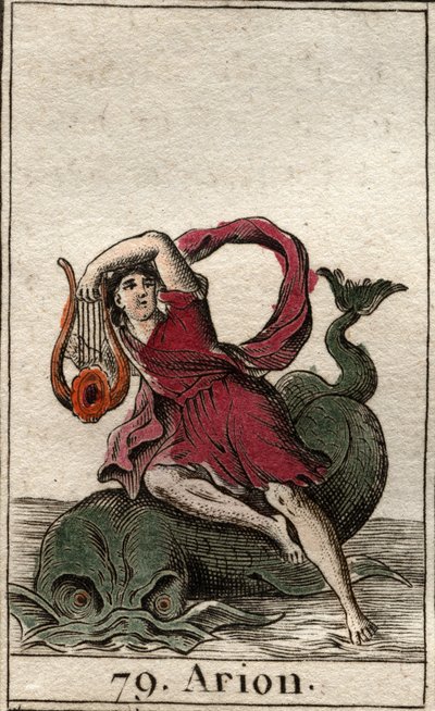 Representation of Arion, Greek poet charming the dolphins by playing kithara. From 