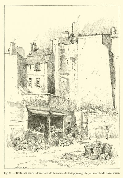 Remains of the wall and a tower of the Philippe-Auguste enclosure, at the Ave-Maria market by French School