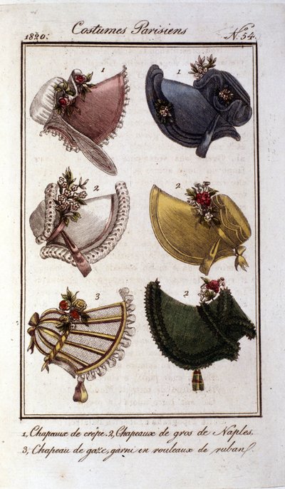Restoration mode: different models of hats for women in crepe, gauze, velvet by French School