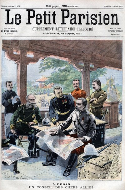 Revolt des Boxers: Un conseil des chefs allied (French, Russian, American, English, Japanese) (ALLIED COUNCIL OF WAR) - in Le Petit Parisien by French School