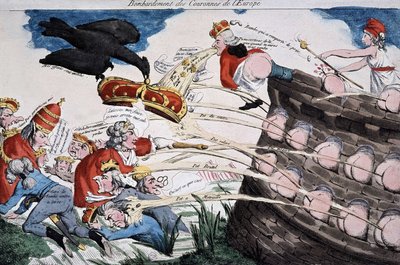 Revolutionary guides by Marianne bombing European sovereigns with their crap. Cartoon published during the French Revolution period. Etching. 1792. Musee Carnavalet by French School