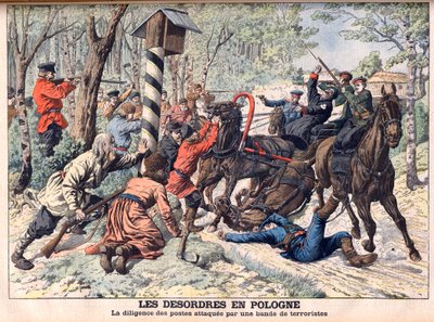 Revolutionary in Poland - Terrorists attacking a mail coach in Poland. Illustration for Le Petit Journal by French School