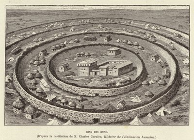 Ring of the Huns. Ring shaped fortifications protecting a settlement of the Huns by French School