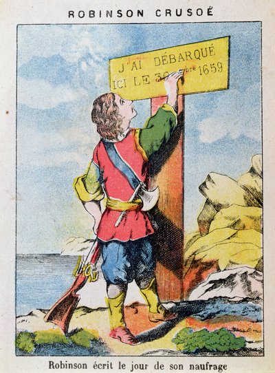 Robinson Crusoe Writes the Date of the Shipwreck by French School