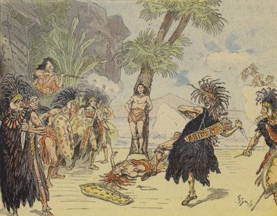 Robinson Crusoe killing the cannibal chief and saving Friday