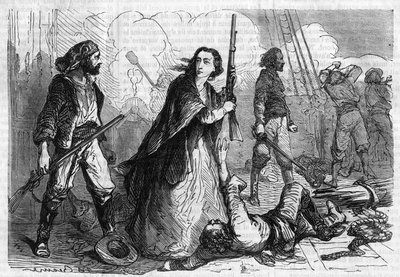 Memorials of Joseph Garibaldi by Alexandre Dumas. Anita Garibaldi taking part in the battle, with a rifle in hand. Engraving in Les bons romances by French School