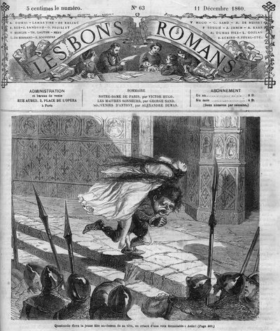 Roman serial: "Notre Dame de Paris" by Victor Hugo (1802-1885). Quasimodo and Esmeralda. Engraving in "Les bons romances" by French School