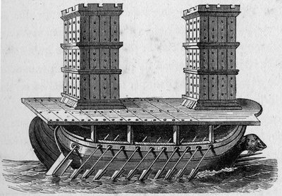 Roman ship a towers. Engraving in 
