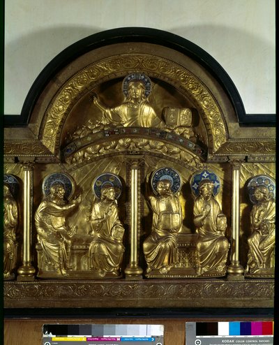Romanesque art: altarpiece of Pentecote: antependium in wood, copper and enamel (detail). From Stavelot. Paris, National Museum of the Middle Ages, Thermes de Cluny by French School