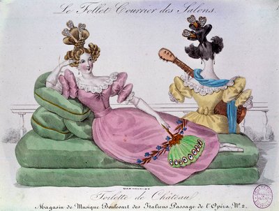 Romantic fashion: Chateau toilet. Two women with extravagant hairstyles on a canape. Engraving of the 19th century by French School