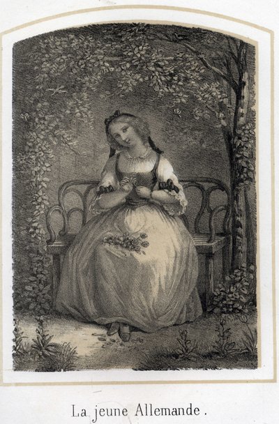 Romanticism: a young German woman sitting on a bench stripping a daisy thinking of her lover. Anonymous engraving of the 19th century by French School