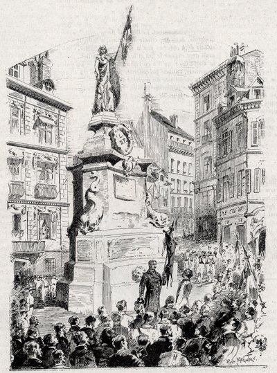 Rouen: members of the League of Patriots in front of the statue of Joan of Arc- drawing by Paul Merwart for the flag - illustrious monitor of the League of Patriots - 1884 by French School