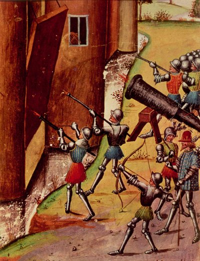 Soldiers armed with handcannons besieging a castle, from Quinte Curse Ruffe des Fais du Grant Alexandre, c.1468 by French School