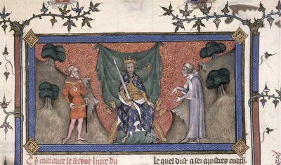 King Charles V (1337-80) of France enthroned with crown, sword and sceptre between a knight and a clerk by French School