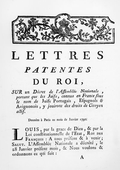 Royal Letters Patent granting equal rights for Portuguese, Spanish and Avignonese Jews in France, Paris, January 28, 1790 by French School