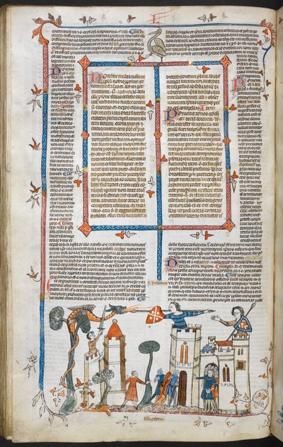 A bas-de-page scene of a dragon attacking a castle by French School