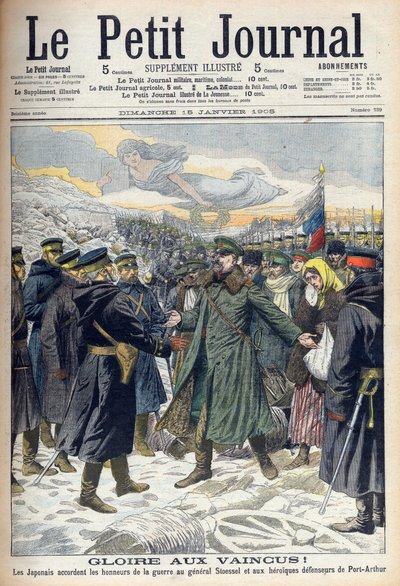Russian-Japanese War 1904-1905: Japanese allowing General Stoessel and the Russian defenders of Port Arthur honorable surrender. From Le Petit Journal, Paris by French School
