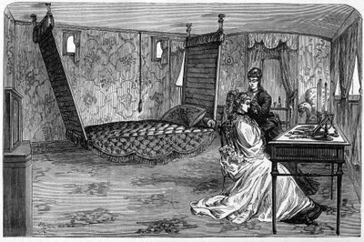 Russian imperial train used by the Duke and Duchess of Edinburgh in 1874: the bedroom wagon. Engraving in Le Monde Illustré n°886 of 6 April 1874 by French School