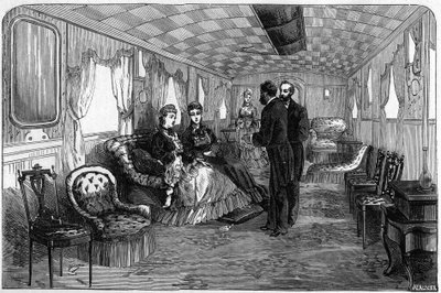 Russian imperial train used by the Duke and Duchess of Edinburgh in 1874: the saloon wagon. Engraving in Le Monde Illustré n°886 of 6 April 1874 by French School