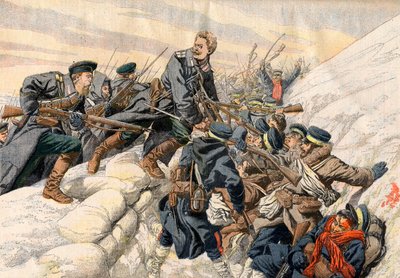 Russo-Japanese War - Fighting in the trenches at Port Arthur. The heroic death of Russian Lieutenant Alexander. Illustration for Le Petit Journal by French School