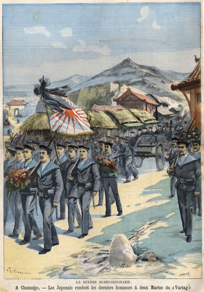 Russo-Japanese War in Chemulpo, the Japanese Give the Last Honours to Two Sailors of the Virag. Le Petit Parisien of April 3 by French School