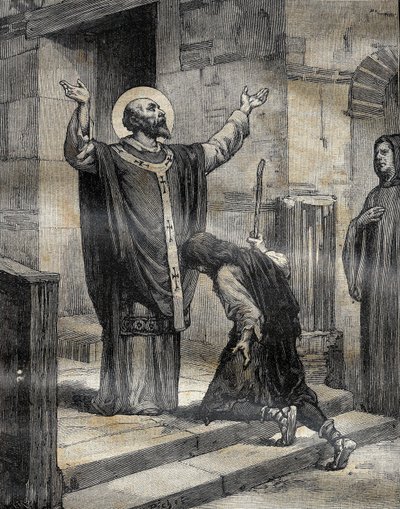 Saint Aubert, bishop of Cambrai and Arras, welcomed his disciple and prodigal godson, Landelin, and forgave him his three years of error. Engraving in Le Pelerin 16/12/1899. by French School