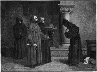 Saint Bonaventure (Giovanni di Fidanza, Known as Doctor Seraphique, San Bonaventura) (1221-1274) Receiving the Hat of the Cardinal. He was Consecrated Cardinal-Eveque of Albano in 1273 by Gregoire X. Engraving by Bauchart from Santar