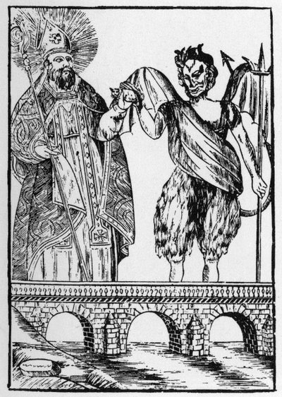 Saint Cado (or Cadoc or Catuod or Catoc or Cazut or Cadochus) legendary saint Christian gives a cat to the devil in exchange for building a bridge - popular images Perret. by French School