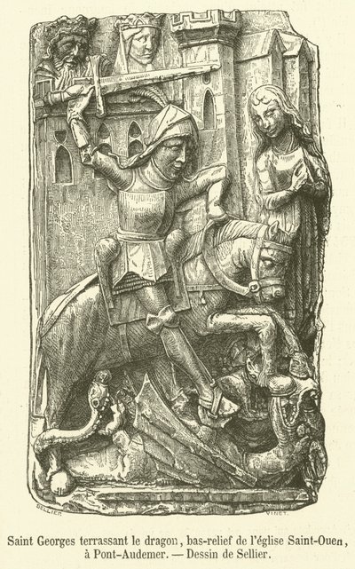 Saint George slaying the dragon, bas-relief from the church of Saint-Ouen, in Pont-Audemer (engraving) by French School