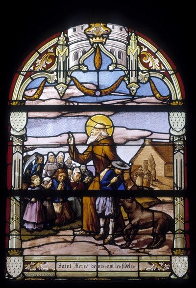 Saint Hervé blessing the faithful - stained glass windows of St Germain church in Kerlaz by French School