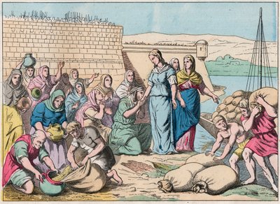 Sainte Genevieve distributes food to the people during the siege of Paris by the army of the Huns of Attila in 451 (barbarian invasions) - Engraving of the end of the 19th century in “Nos Gires Nationales - Images” by French School