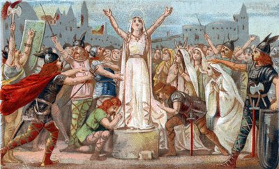 Sainte Genevieve, organized the defense of Paris against the Huns hordes of Attila and reassured the people of Paris in 451. Chromolithography of the late 19th century. by French School