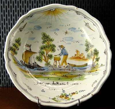Salad Bowl Depicting a Craftsman and Boats on the Loire, Nevers, 1800 by French School
